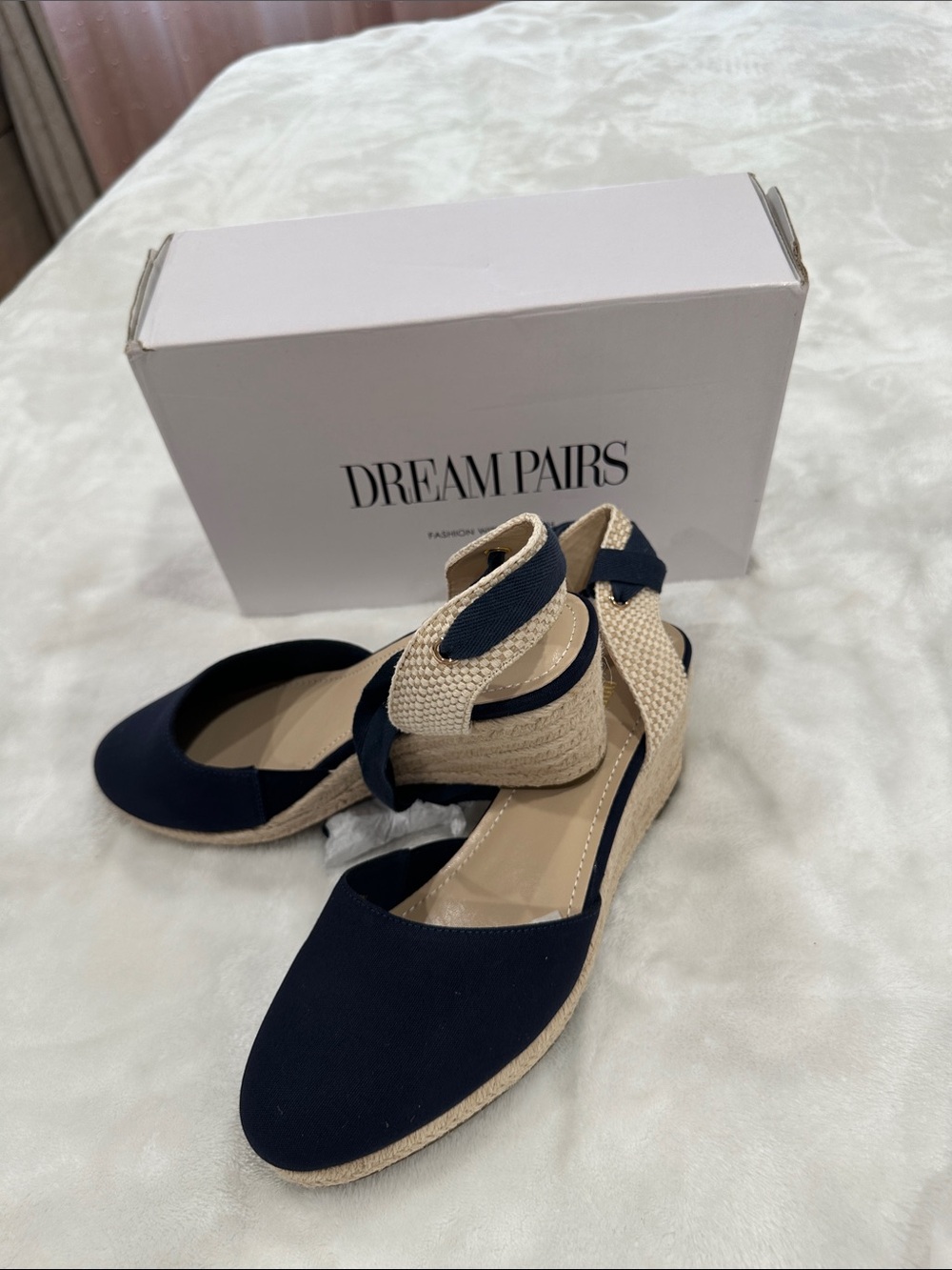 Dream Pairs Navy and Natural Espadrille Wedge Ankle-Tie Flats